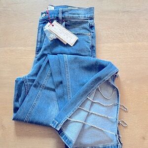 NWT Alice + Olivia Crystal Rhinestone Side Split Jeans